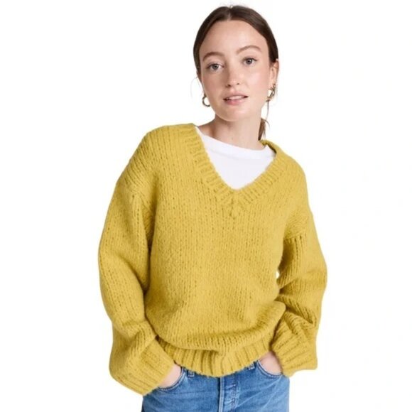 RE/DONE‎ 50s V Neck Chunky Knit Pullover Sweater in Chartreuse Small - $450